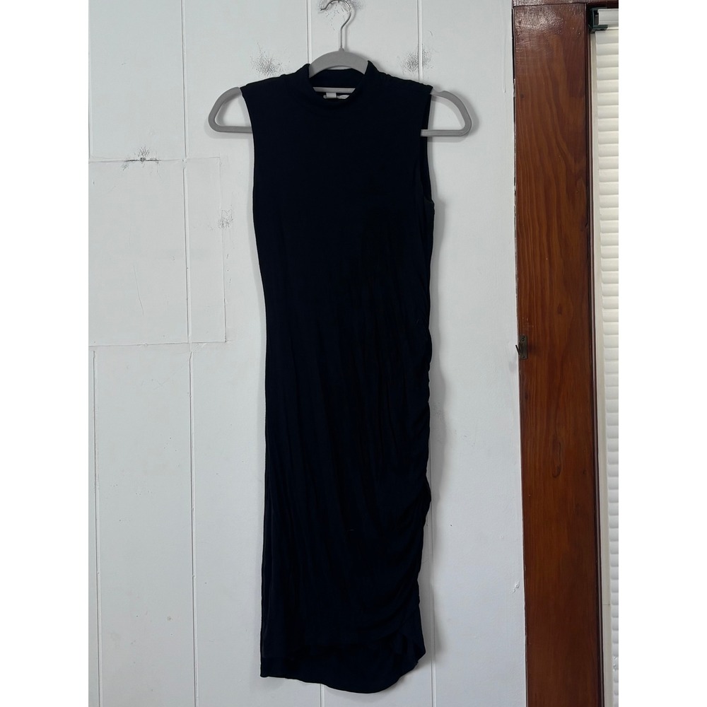Halogen Womens XS Black‎ Mock Neck Sleeveless Ruched Side Midi Sheath Dress
